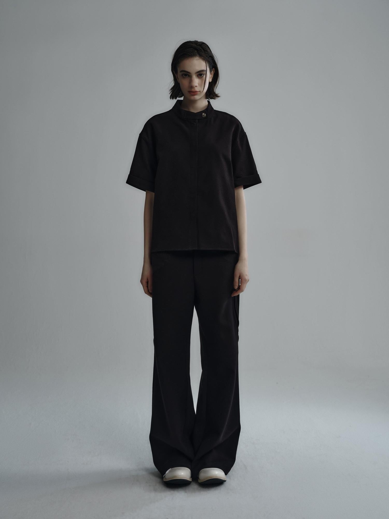 Hypeyourself Wrinkle Free Minimalist Stand Collar Unisex Polyester Short Sleeve Shirts
