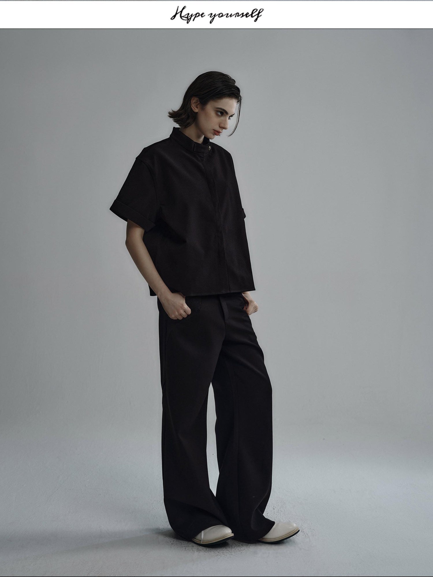Hypeyourself Wrinkle Free Minimalist Stand Collar Unisex Polyester Short Sleeve Shirts