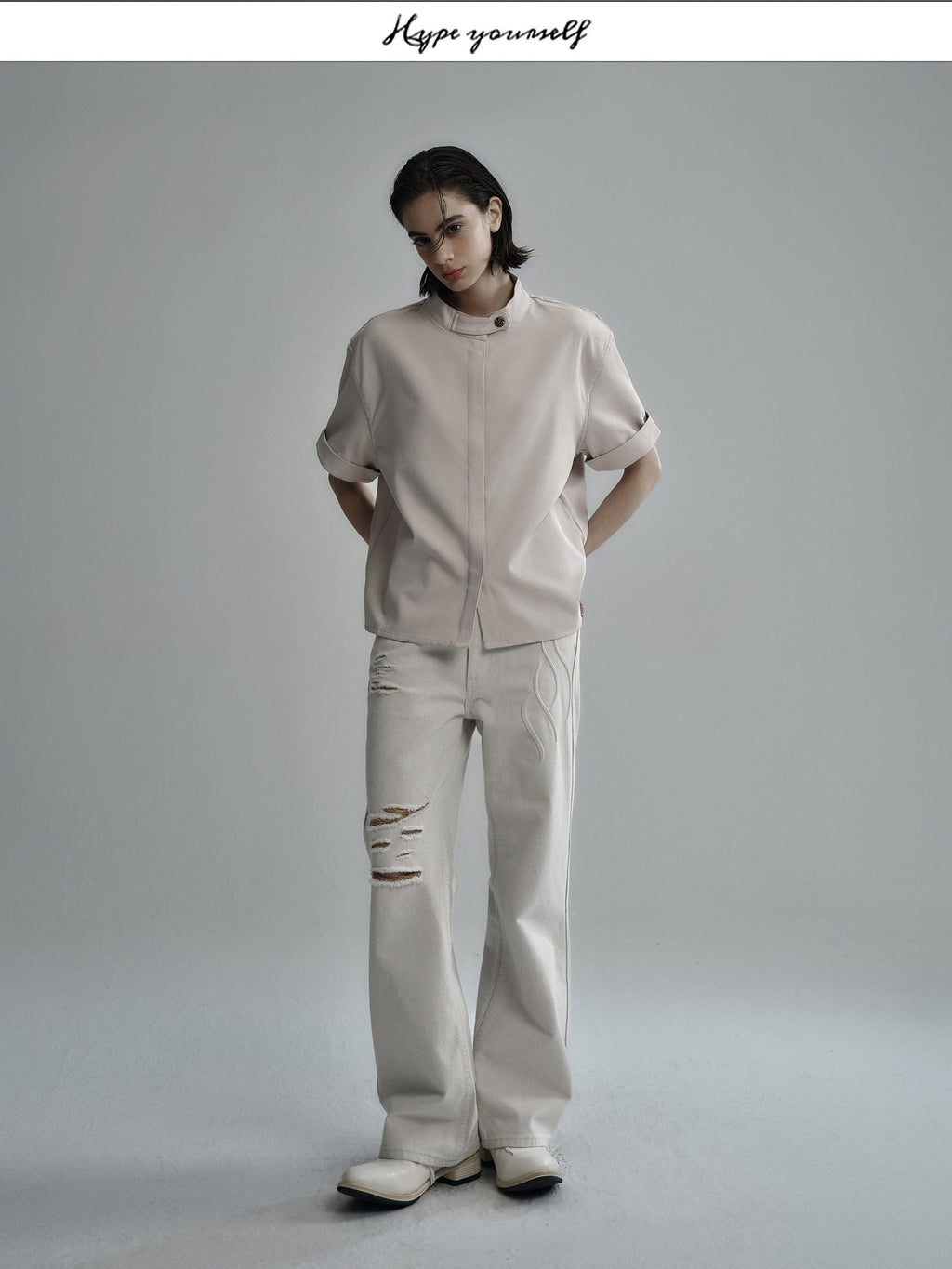 Hypeyourself Wrinkle Free Polyester Minimalist Stand Collar Unisex Short Sleeve Shirts