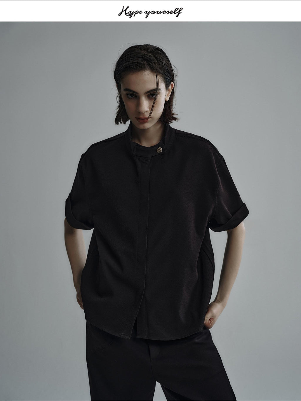 Hypeyourself Wrinkle Free Polyester Minimalist Stand Collar Unisex Short Sleeve Shirts