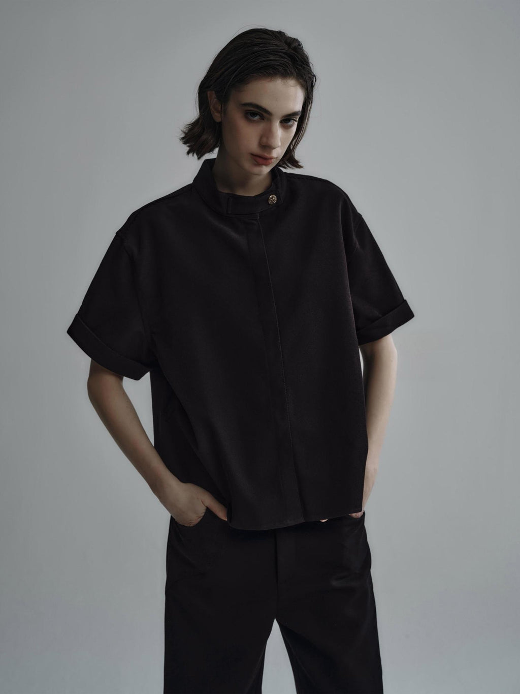 Hypeyourself Wrinkle Free Polyester Minimalist Stand Collar Unisex Short Sleeve Shirts