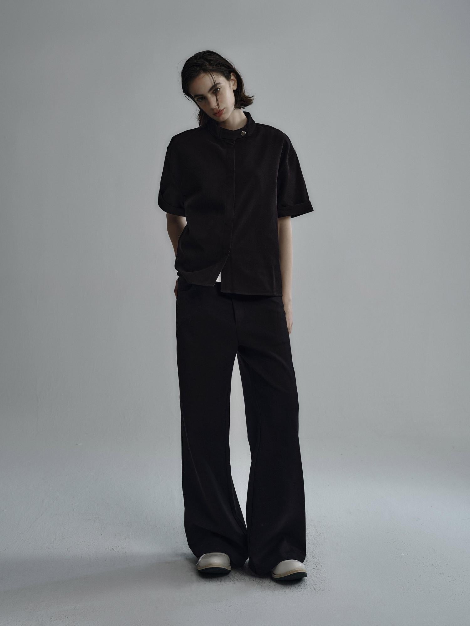 Hypeyourself Wrinkle Free Polyester Minimalist Stand Collar Unisex Short Sleeve Shirts