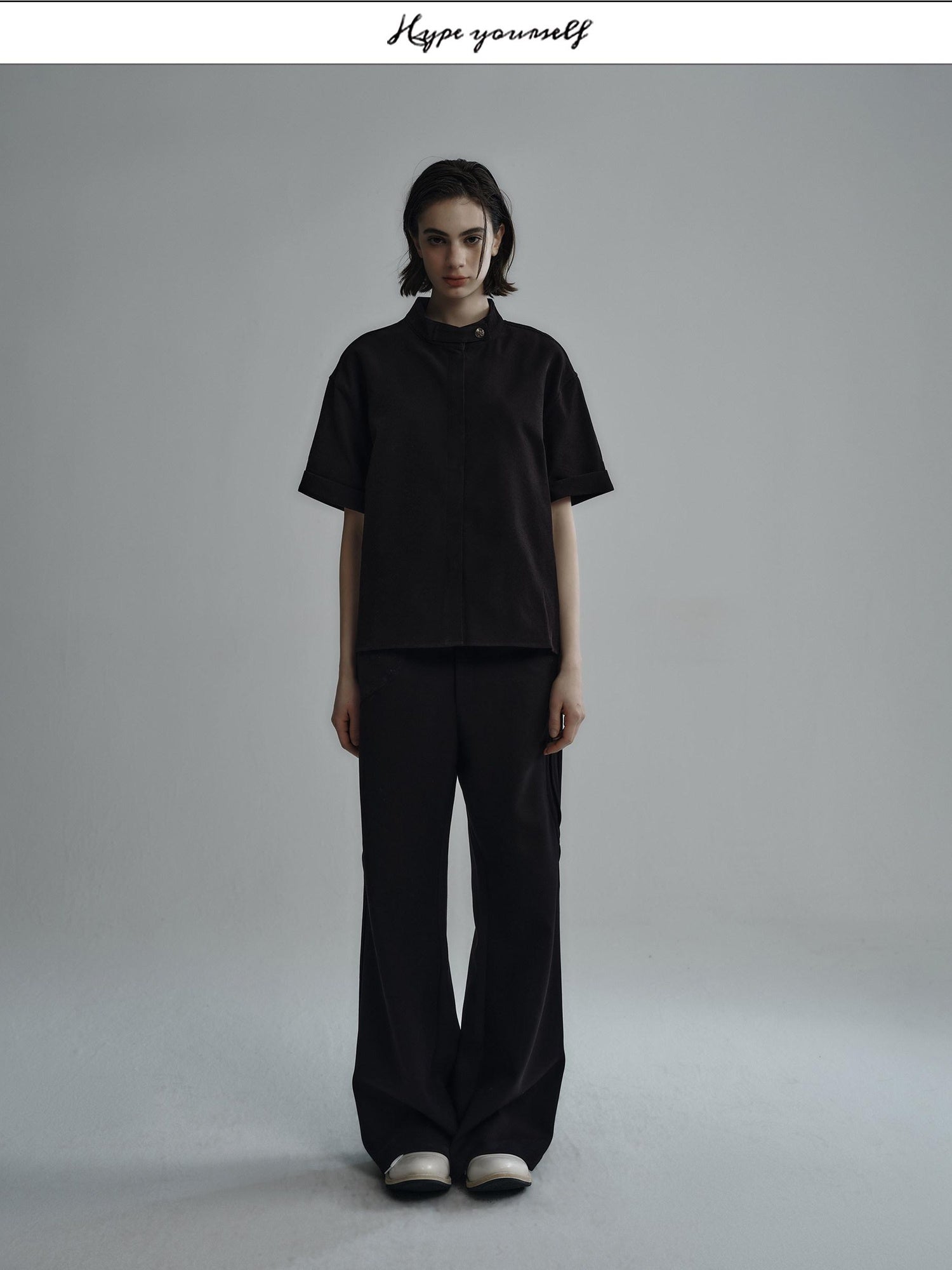 Hypeyourself Wrinkle Free Polyester Minimalist Stand Collar Unisex Short Sleeve Shirts