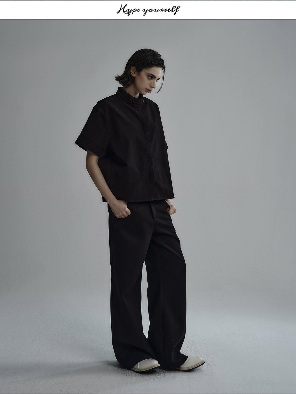 Hypeyourself Wrinkle Free Polyester Minimalist Stand Collar Unisex Short Sleeve Shirts