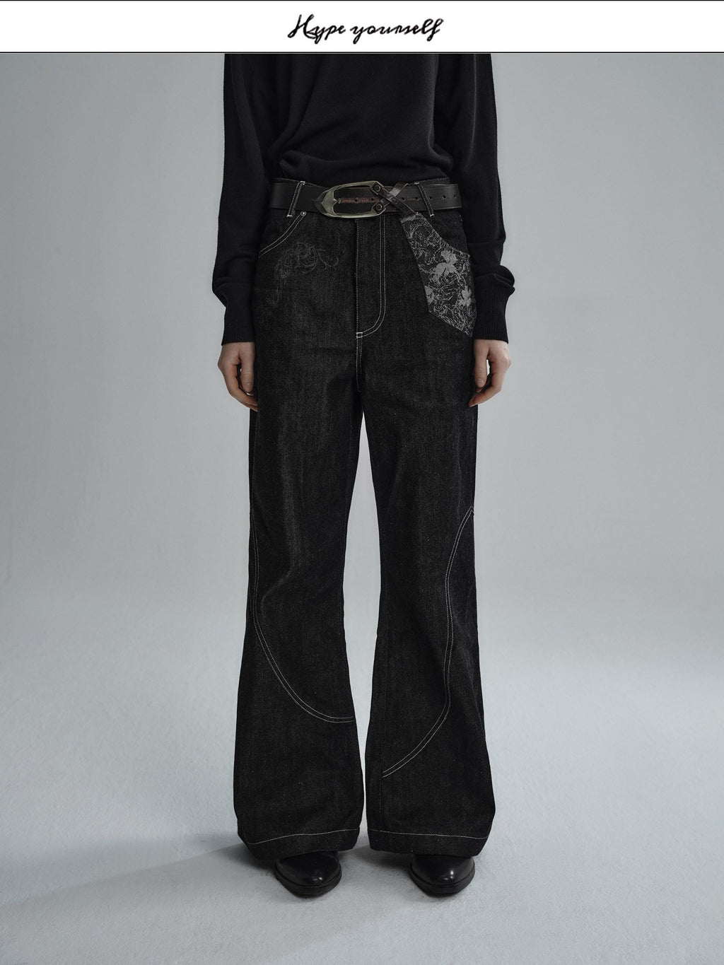 Hypeyourself Wrinkle Free Selvedge Denim Mid Rise Loose Wide Patchwork Casual Flared Jeans
