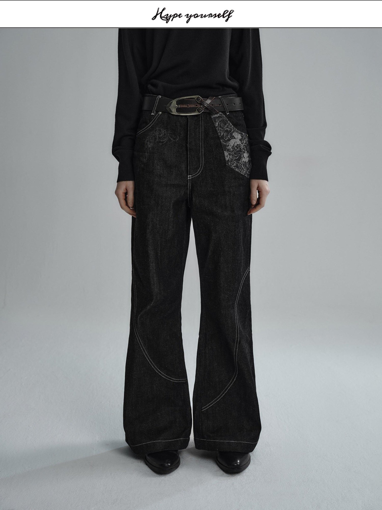 Hypeyourself Wrinkle Free Selvedge Denim Mid Rise Loose Wide Patchwork Casual Flared Jeans