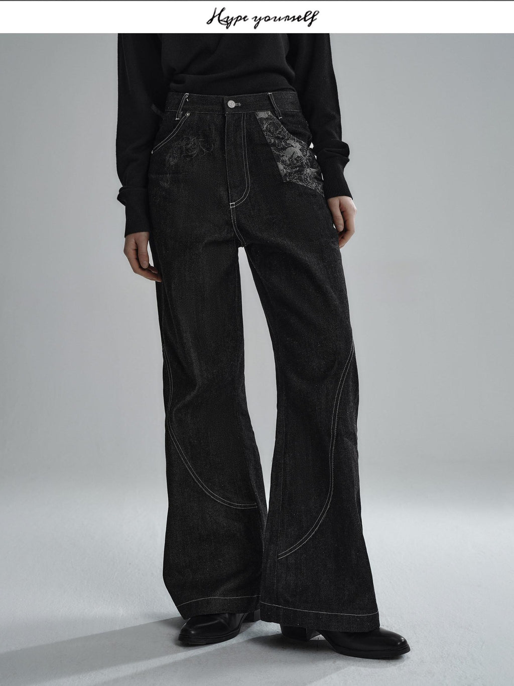 Hypeyourself Wrinkle Free Selvedge Denim Mid Rise Loose Wide Patchwork Casual Flared Jeans