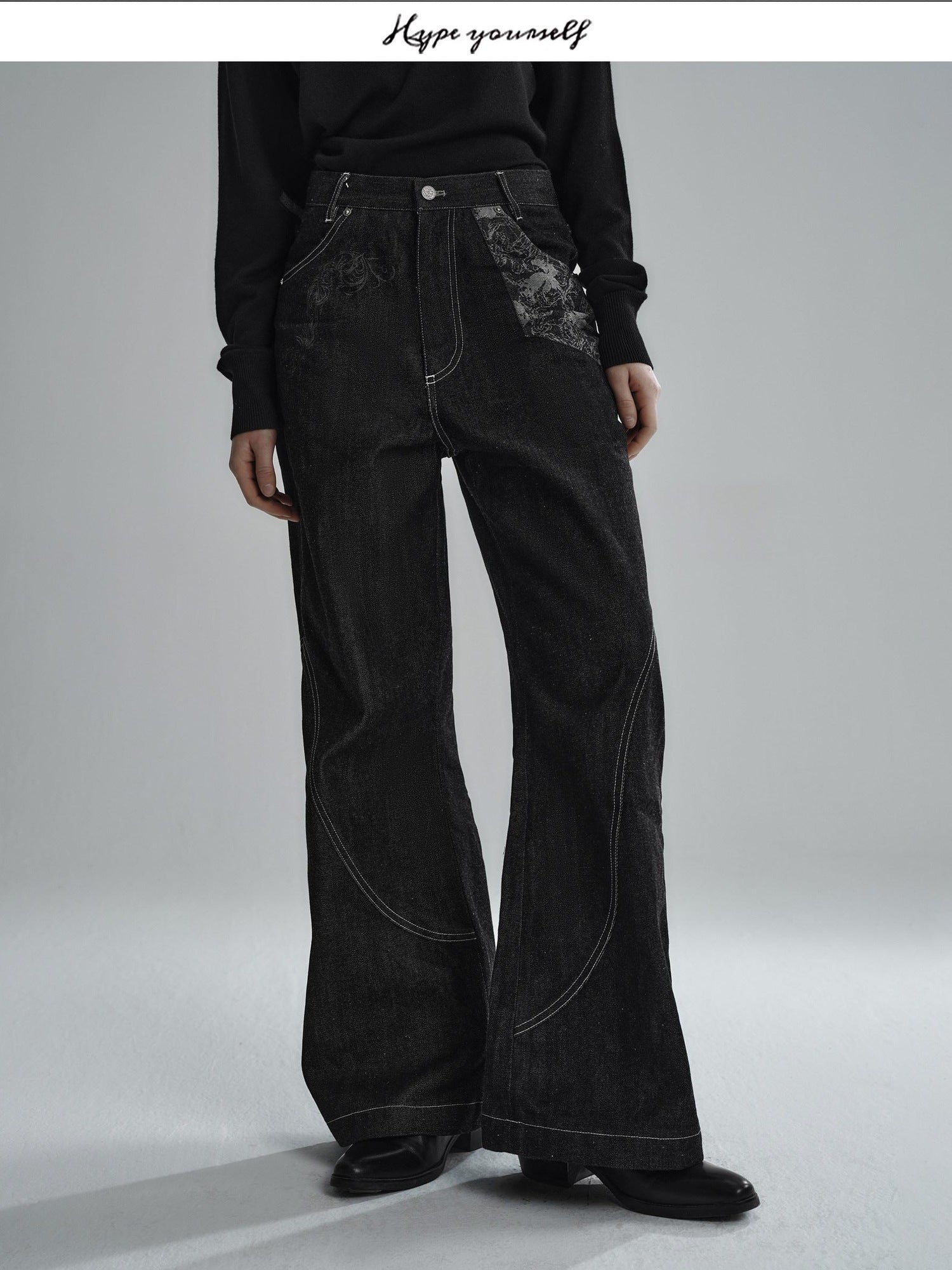 Hypeyourself Wrinkle Free Selvedge Denim Mid Rise Loose Wide Patchwork Casual Flared Jeans