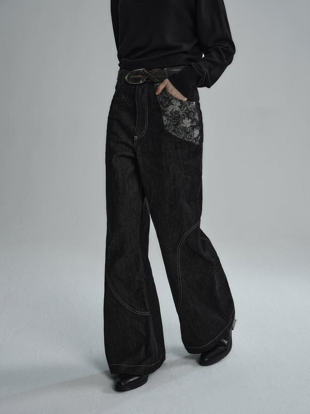 Hypeyourself Wrinkle Free Selvedge Denim Mid Rise Loose Wide Patchwork Casual Flared Jeans