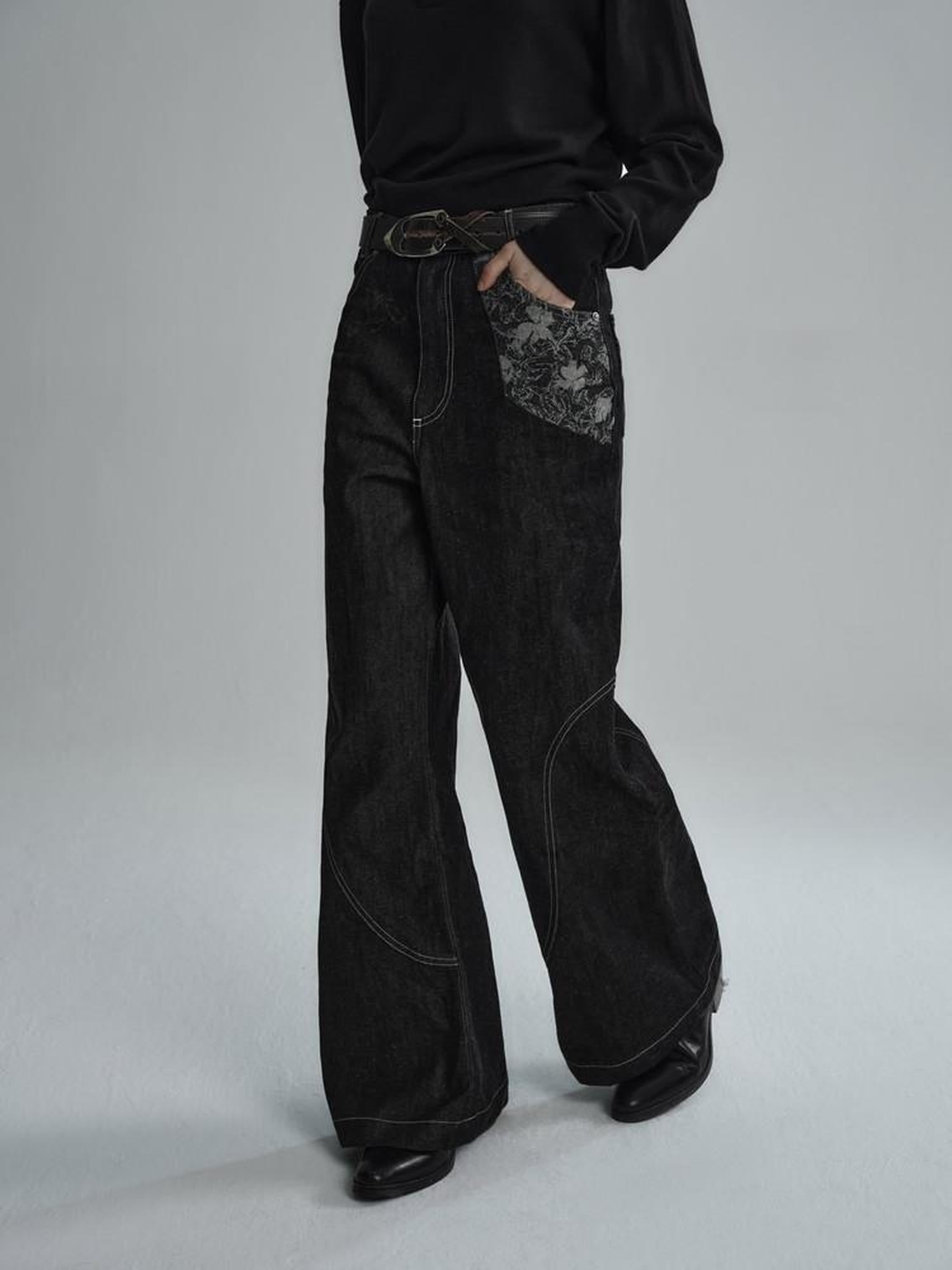 Hypeyourself Wrinkle Free Selvedge Denim Mid Rise Loose Wide Patchwork Casual Flared Jeans