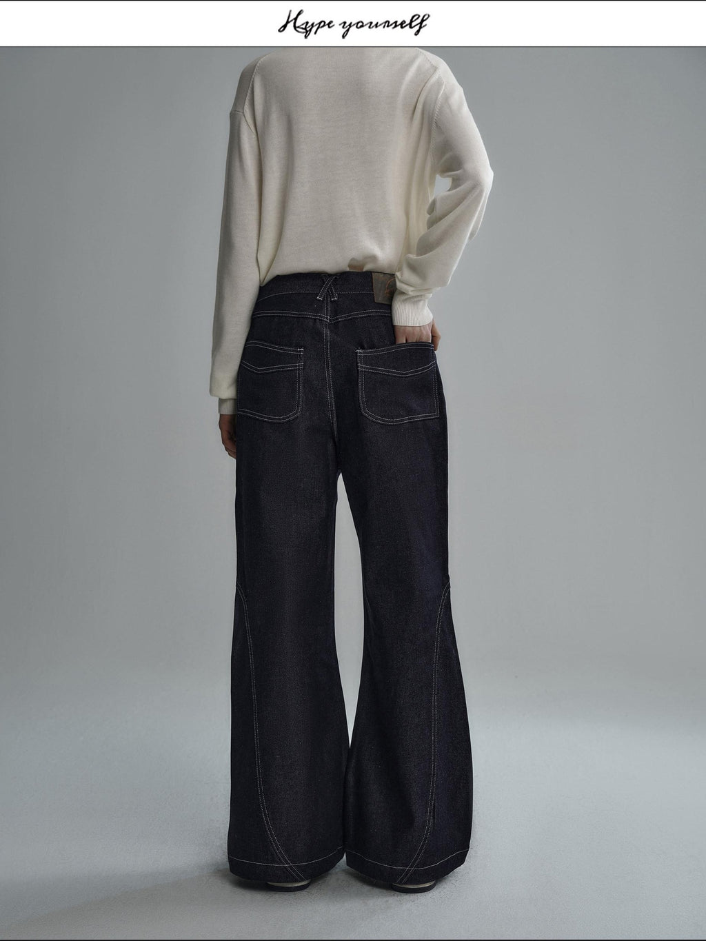 Hypeyourself Wrinkle Free Selvedge Denim Mid Rise Loose Wide Patchwork Casual Flared Jeans