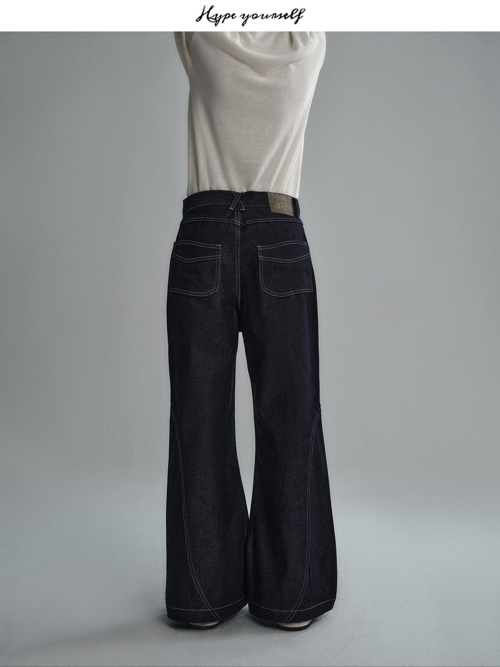 Hypeyourself Wrinkle Free Selvedge Denim Mid Rise Loose Wide Patchwork Casual Flared Jeans