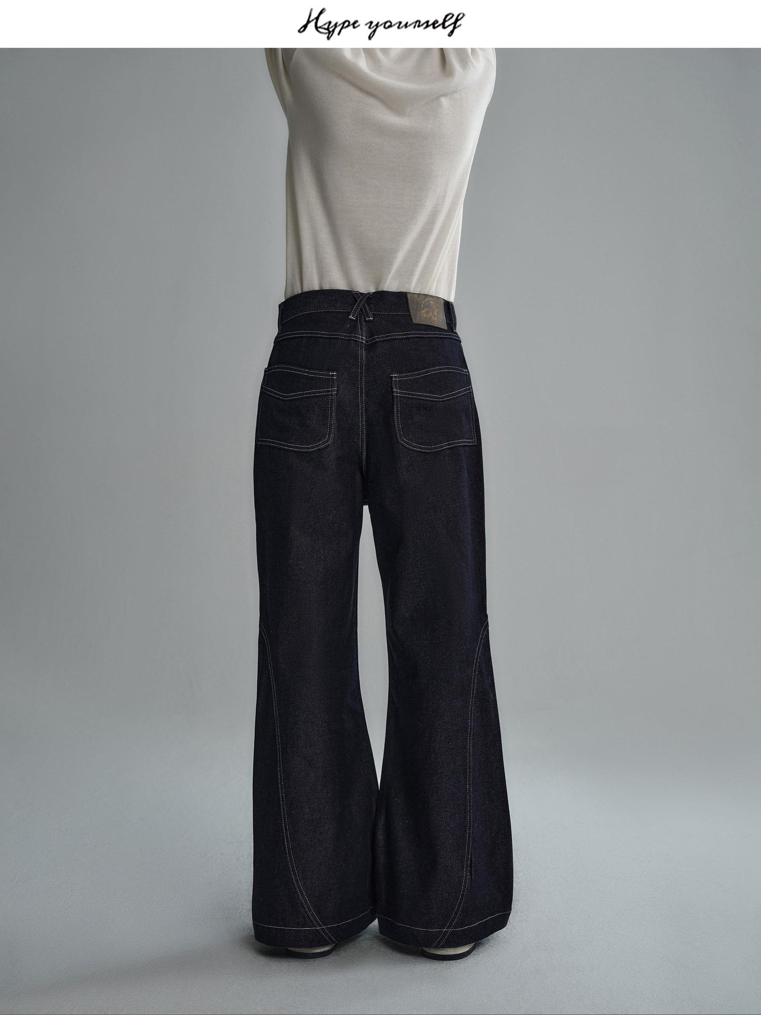 Hypeyourself Wrinkle Free Selvedge Denim Mid Rise Loose Wide Patchwork Casual Flared Jeans