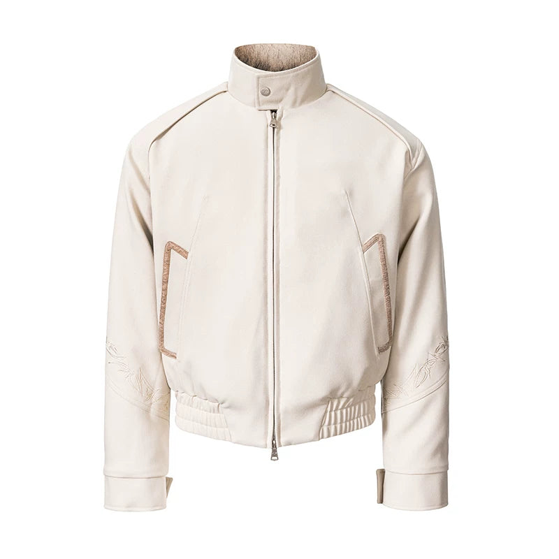 CATSSTAC Embroidered Loose Fit Stand Collar Casual Unisex Daily Khaki Zip Front Jackets