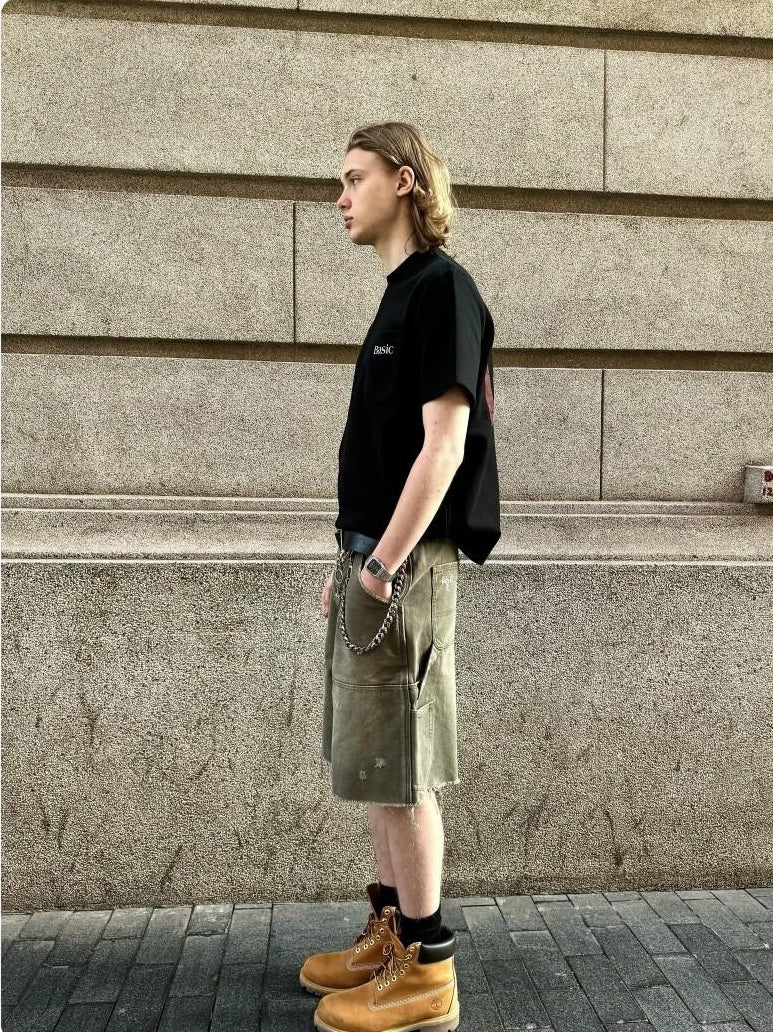 VLABMADE 100% Cotton Breathable Loose Cargo Patch Pockets Mid Rise Denim Shorts