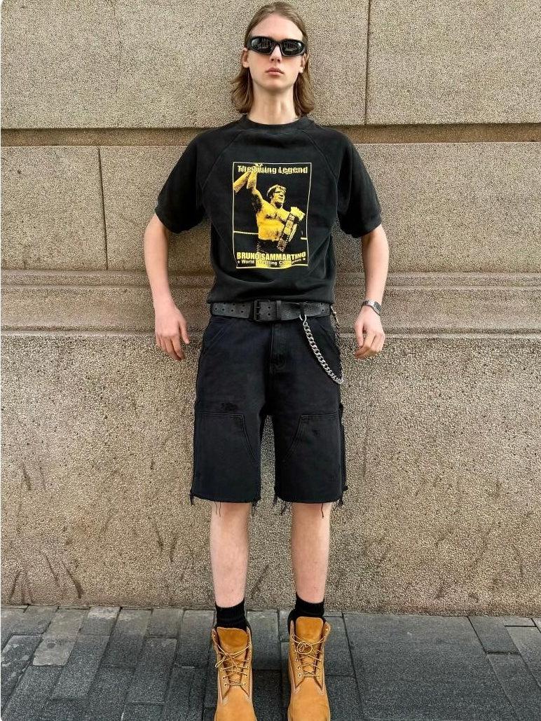 VLABMADE 100% Cotton Breathable Loose Cargo Patch Pockets Mid Rise Denim Shorts
