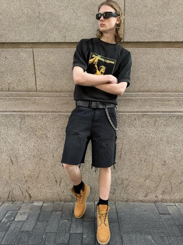 VLABMADE 100% Cotton Breathable Loose Cargo Patch Pockets Mid Rise Denim Shorts