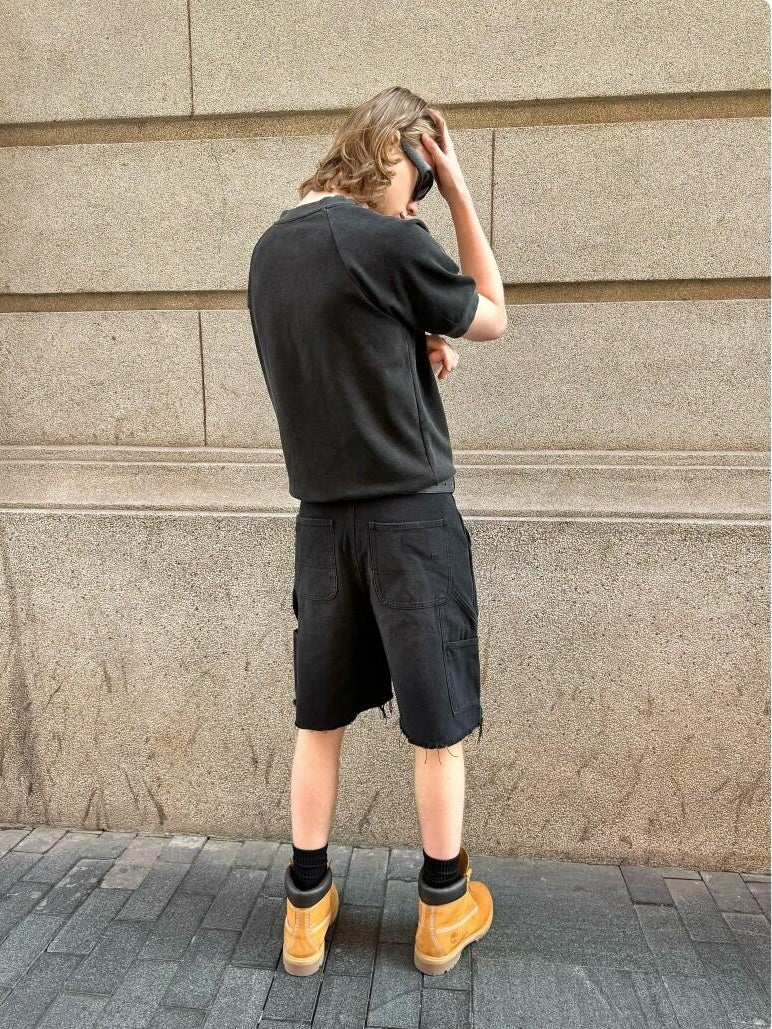 VLABMADE 100% Cotton Breathable Loose Cargo Patch Pockets Mid Rise Denim Shorts