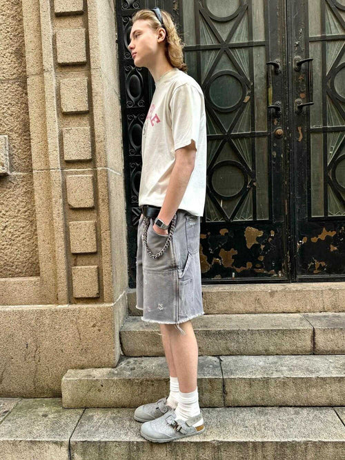 VLABMADE 100% Cotton Breathable Loose Cargo Patch Pockets Mid Rise Denim Shorts