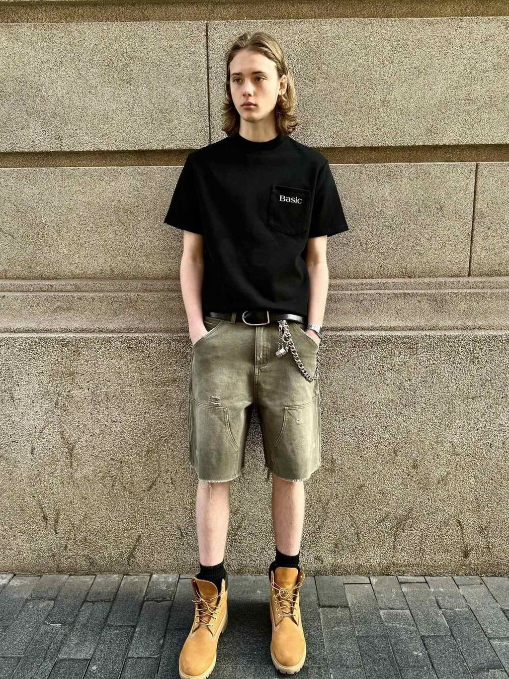 VLABMADE 100% Cotton Breathable Loose Cargo Patch Pockets Mid Rise Denim Shorts