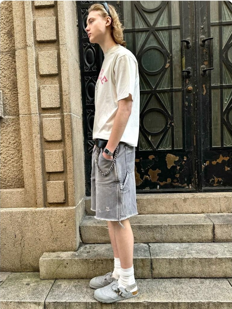 VLABMADE 100% Cotton Breathable Loose Cargo Patch Pockets Mid Rise Denim Shorts