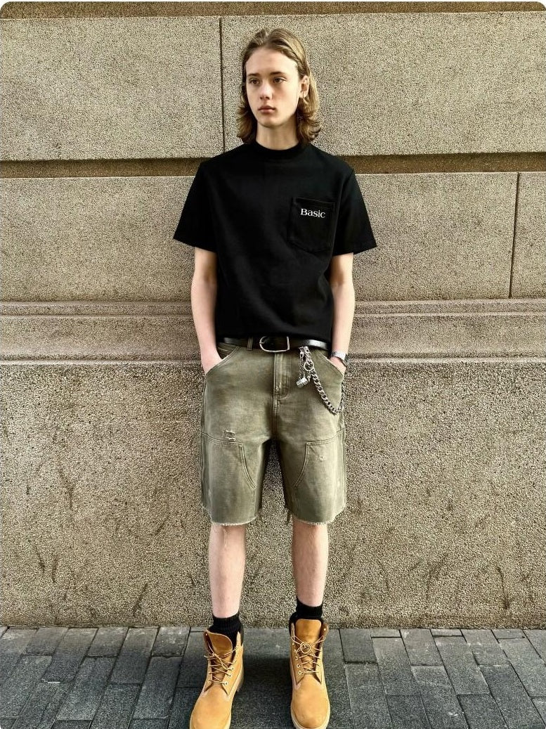 VLABMADE 100% Cotton Breathable Loose Cargo Patch Pockets Mid Rise Denim Shorts