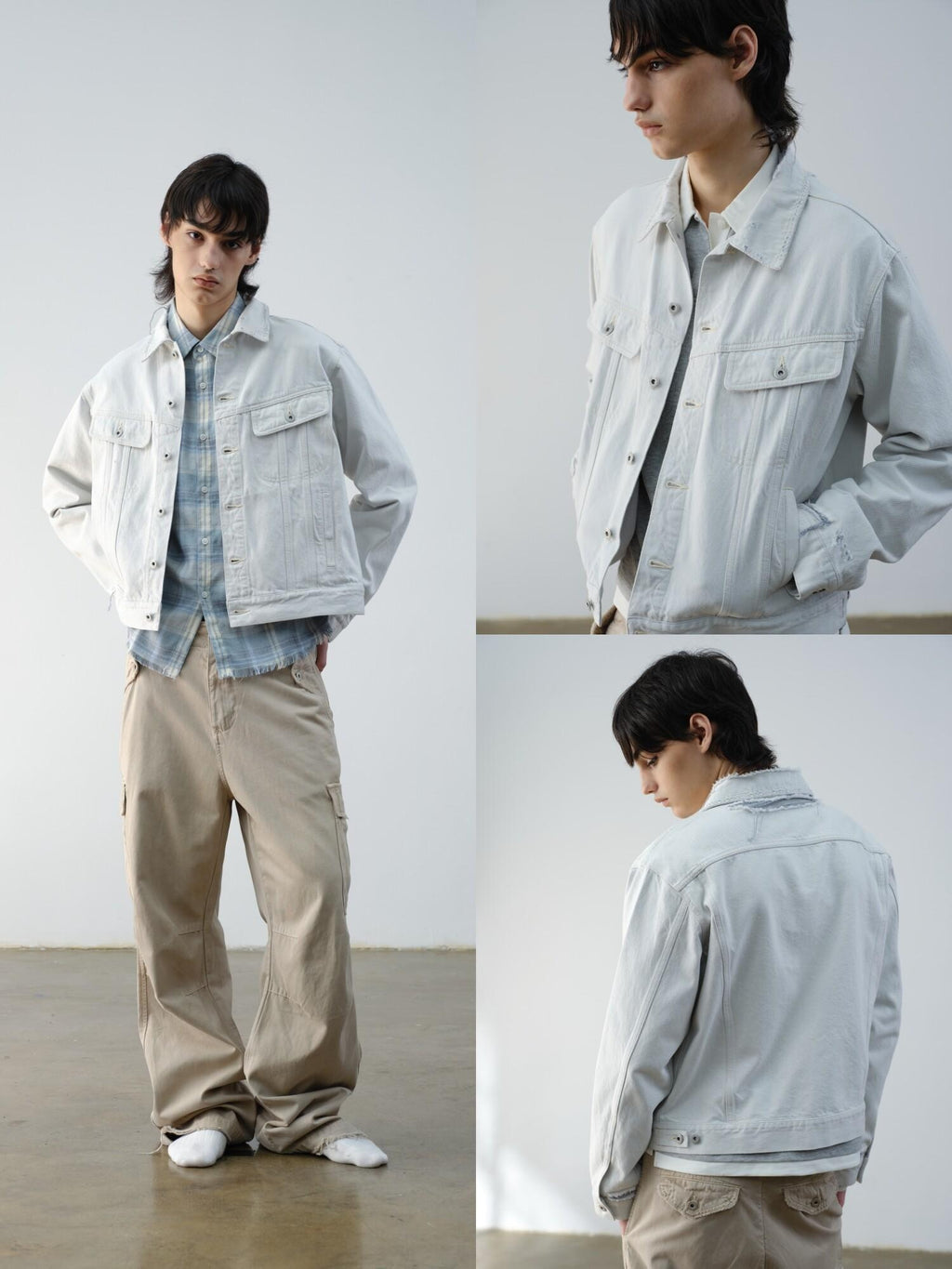 VLABMADE 100 Percent Cotton Cropped Boxy Topstitch Casual Men Cream Trucker Jackets