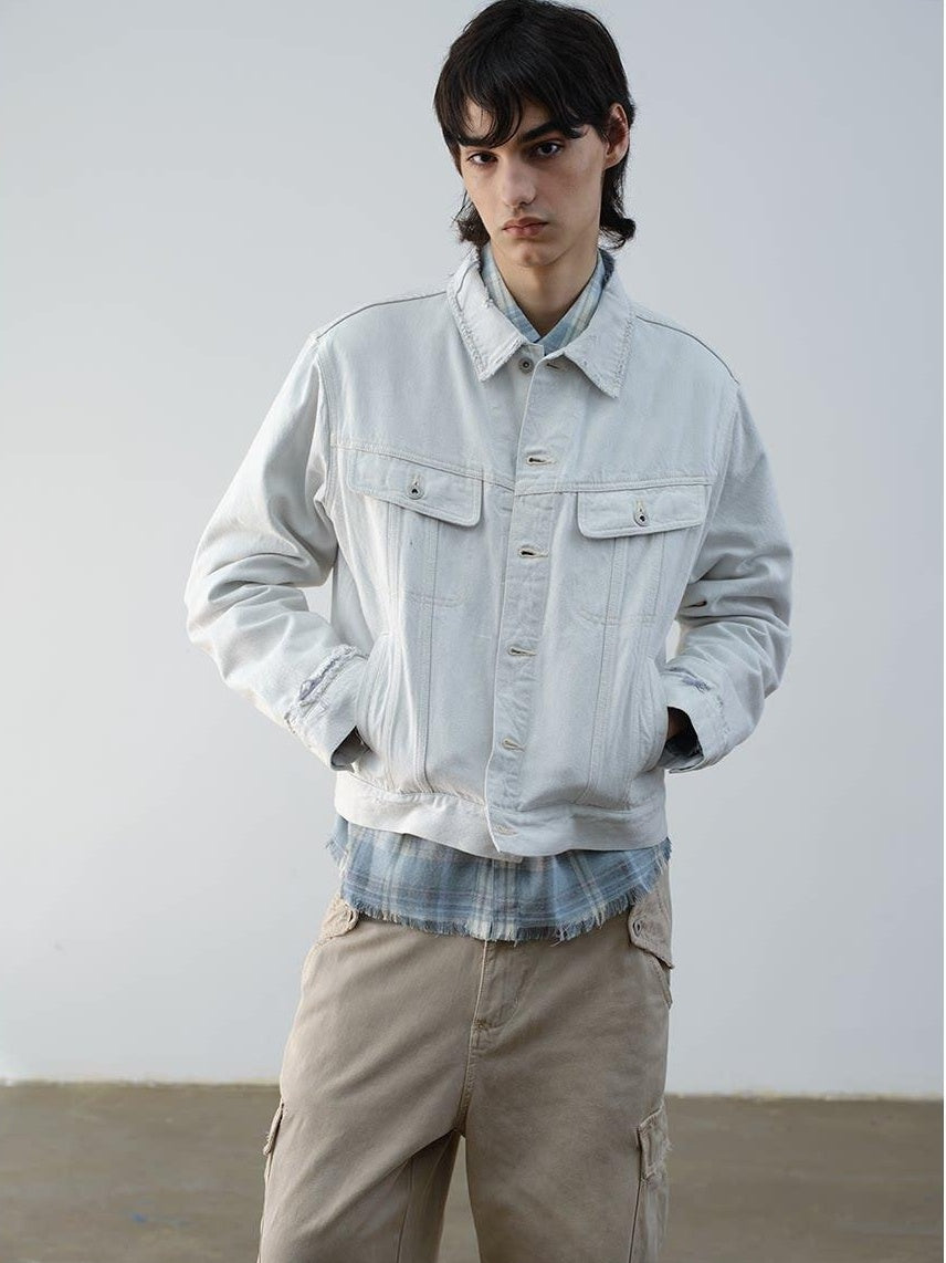 VLABMADE 100 Percent Cotton Cropped Boxy Topstitch Casual Men Cream Trucker Jackets