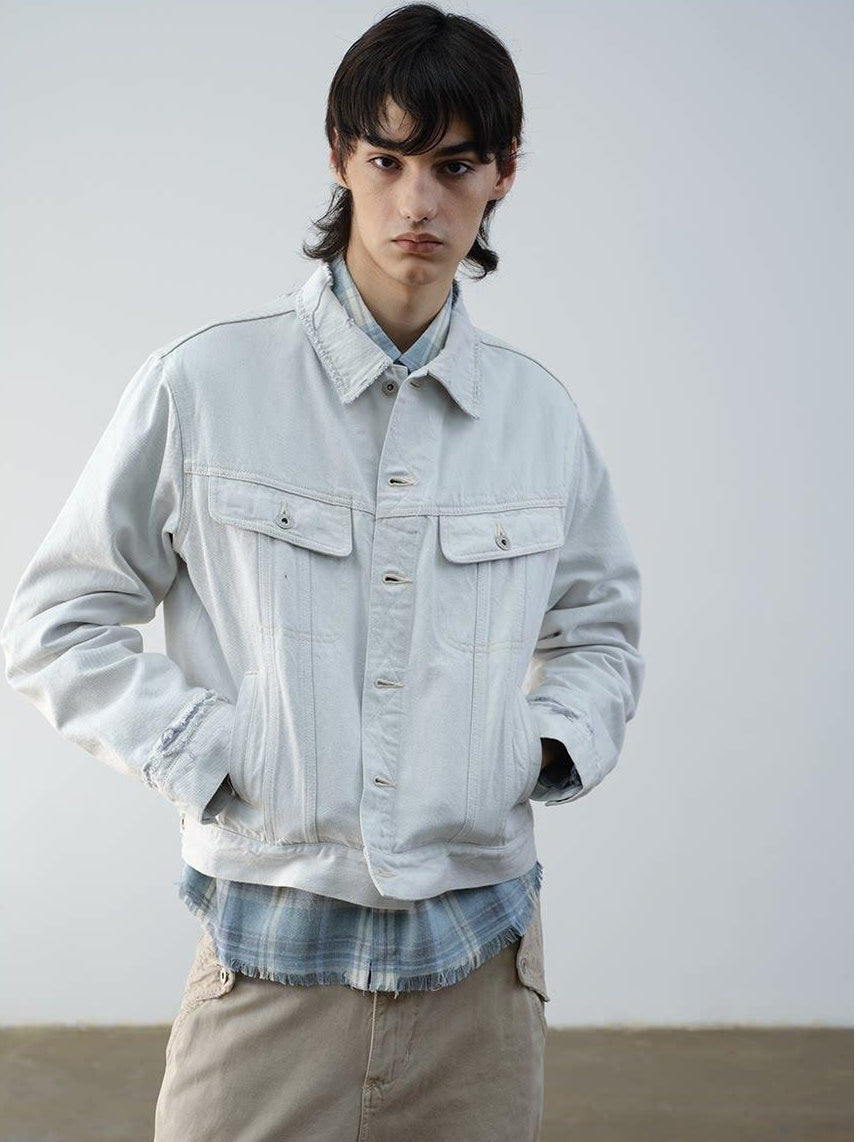 VLABMADE 100 Percent Cotton Cropped Boxy Topstitch Casual Men Cream Trucker Jackets