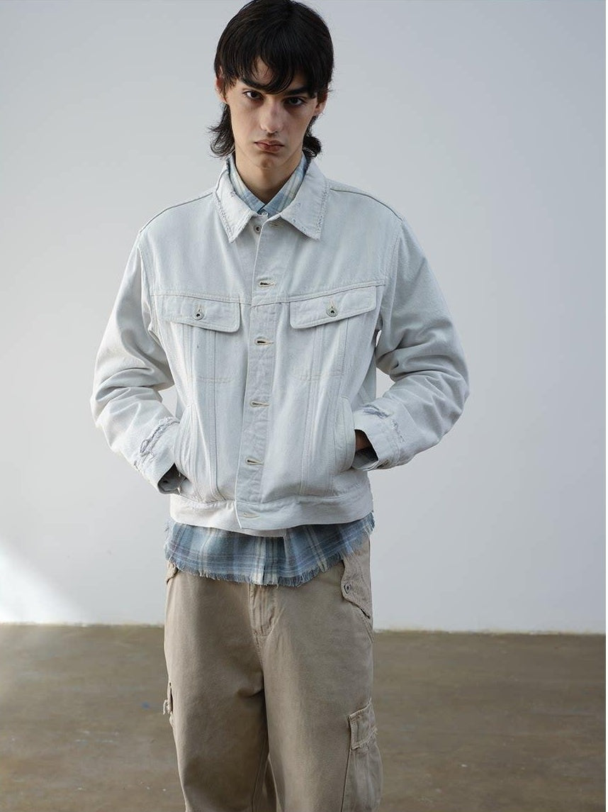 VLABMADE 100 Percent Cotton Cropped Boxy Topstitch Casual Men Cream Trucker Jackets