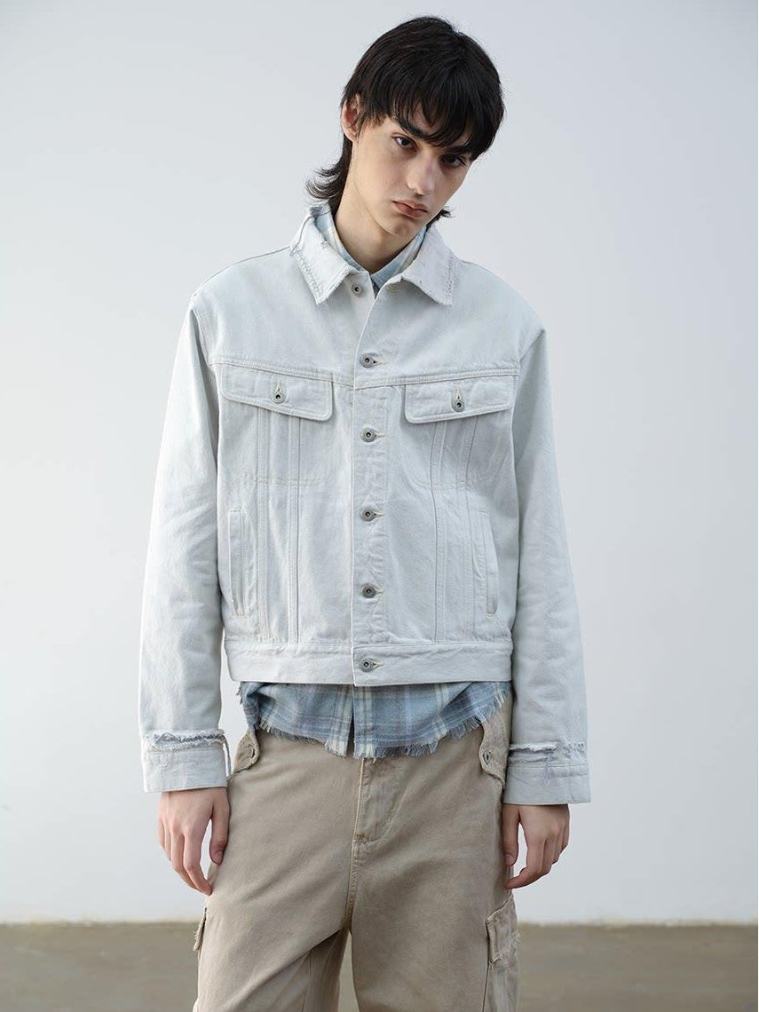 VLABMADE 100 Percent Cotton Cropped Boxy Topstitch Casual Men Cream Trucker Jackets