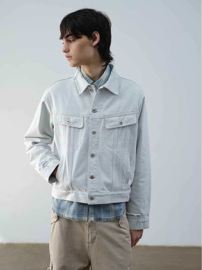 VLABMADE 100 Percent Cotton Cropped Boxy Topstitch Casual Men Cream Trucker Jackets