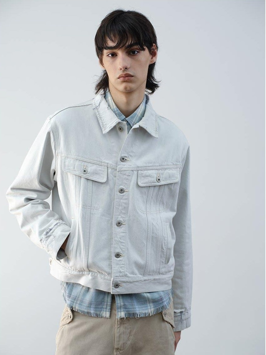 VLABMADE 100 Percent Cotton Cropped Boxy Topstitch Casual Men Cream Trucker Jackets