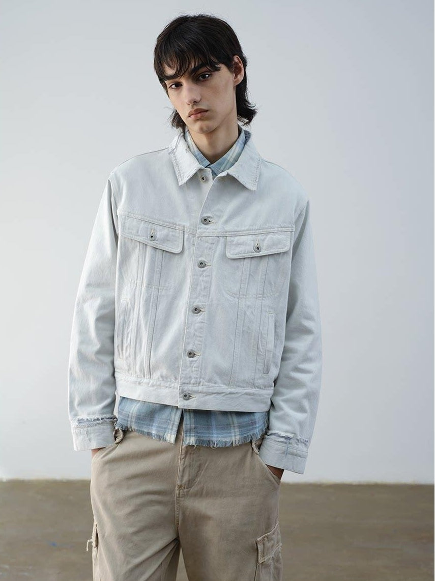 VLABMADE 100 Percent Cotton Cropped Boxy Topstitch Casual Men Cream Trucker Jackets