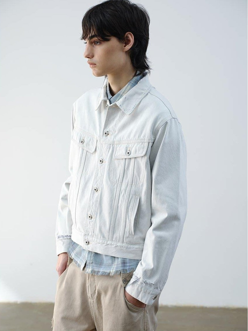 VLABMADE 100 Percent Cotton Cropped Boxy Topstitch Casual Men Cream Trucker Jackets