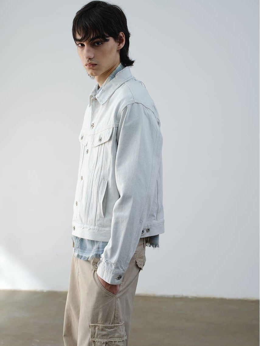 VLABMADE 100 Percent Cotton Cropped Boxy Topstitch Casual Men Cream Trucker Jackets