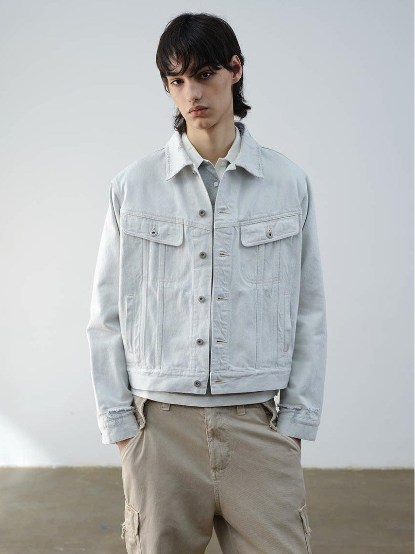 VLABMADE 100 Percent Cotton Cropped Boxy Topstitch Casual Men Cream Trucker Jackets