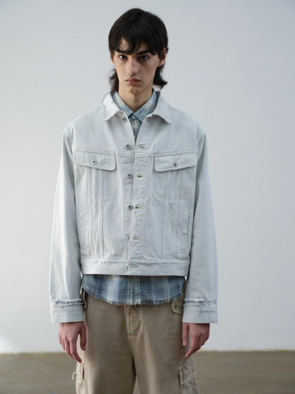 VLABMADE 100 Percent Cotton Cropped Boxy Topstitch Casual Men Cream Trucker Jackets