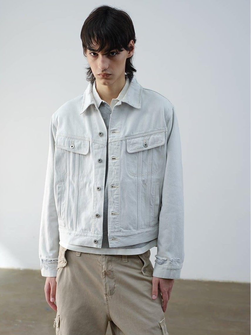 VLABMADE 100 Percent Cotton Cropped Boxy Topstitch Casual Men Cream Trucker Jackets