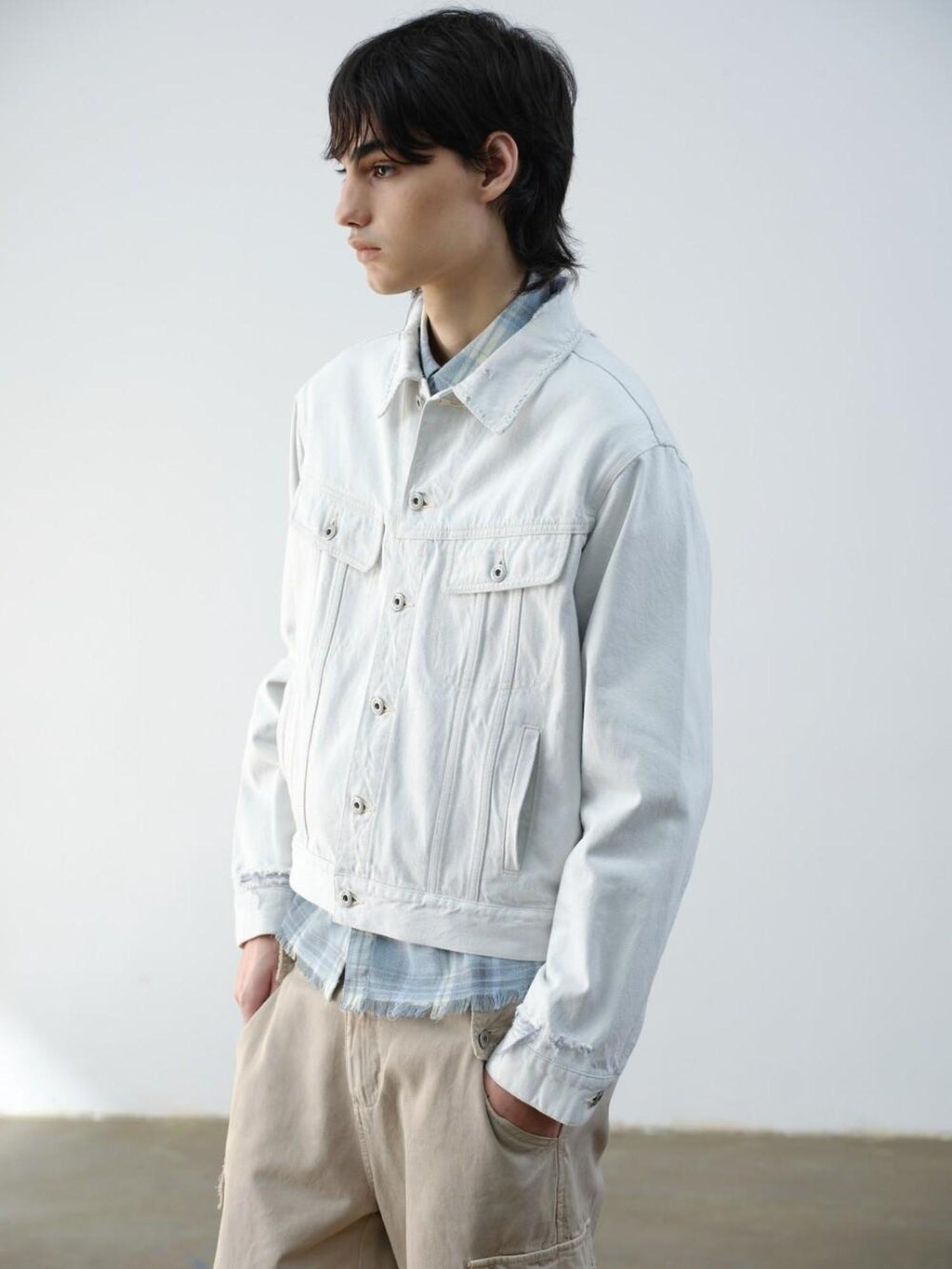 VLABMADE 100 Percent Cotton Cropped Boxy Topstitch Casual Men Cream Trucker Jackets