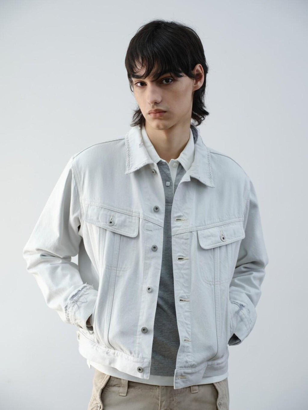 VLABMADE 100 Percent Cotton Cropped Boxy Topstitch Casual Men Cream Trucker Jackets