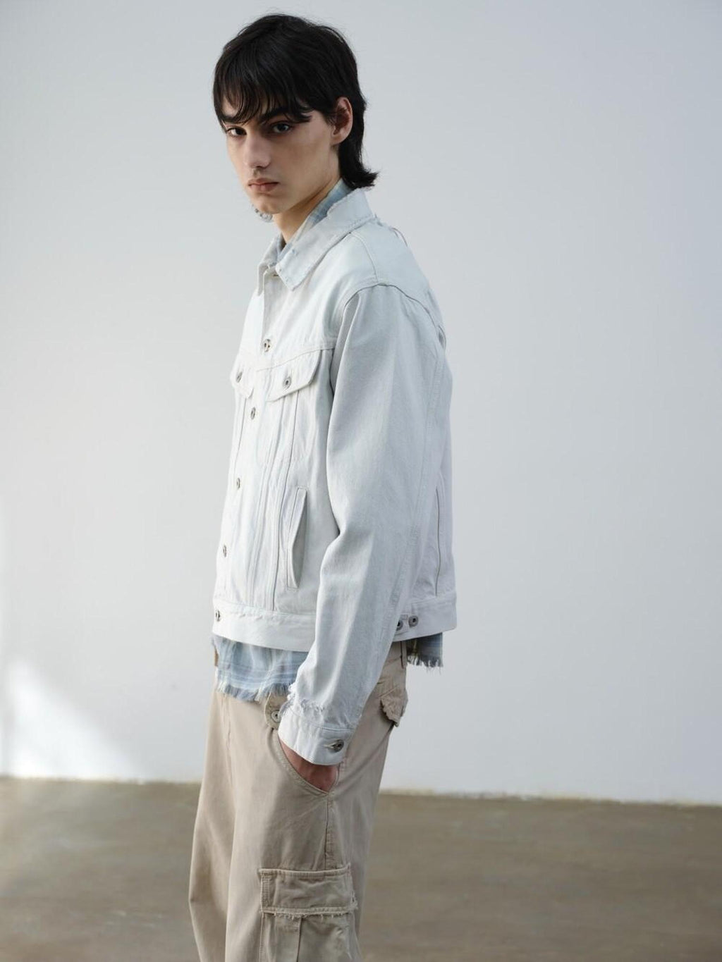 VLABMADE 100 Percent Cotton Cropped Boxy Topstitch Casual Men Cream Trucker Jackets