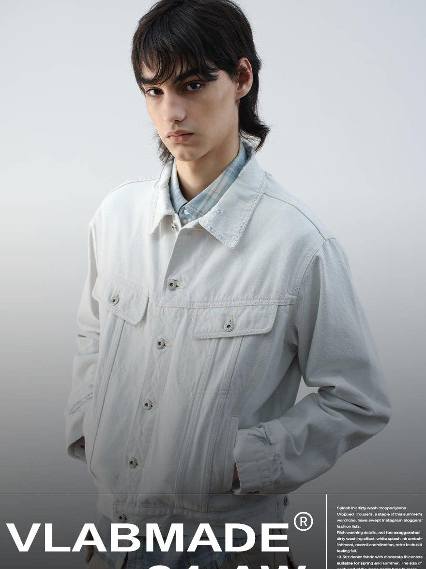 VLABMADE 100 Percent Cotton Cropped Boxy Topstitch Casual Men Cream Trucker Jackets