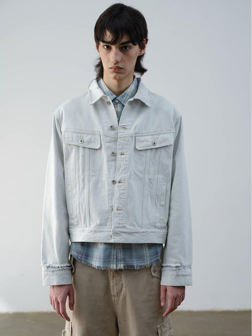 VLABMADE 100 Percent Cotton Cropped Boxy Topstitch Casual Men Cream Trucker Jackets