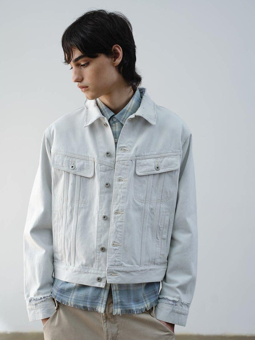VLABMADE 100 Percent Cotton Cropped Boxy Topstitch Casual Men Cream Trucker Jackets