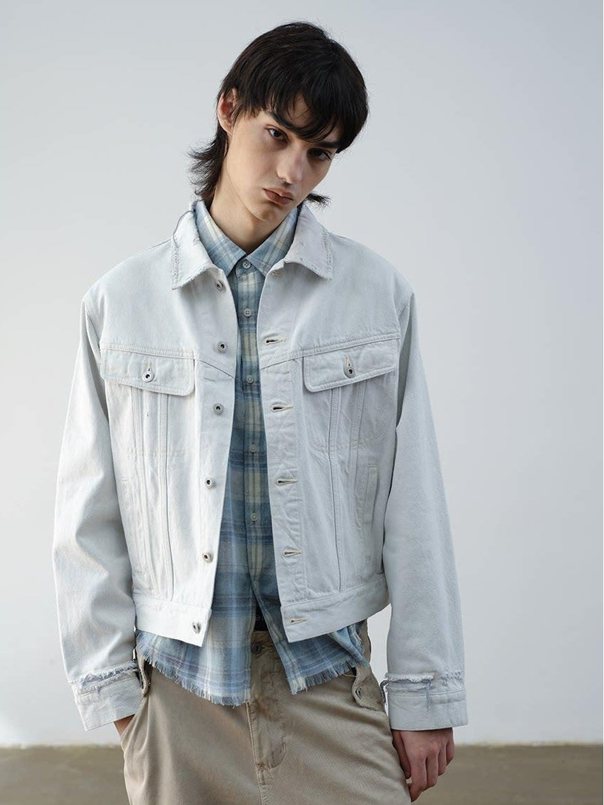 VLABMADE 100 Percent Cotton Cropped Boxy Topstitch Casual Men Cream Trucker Jackets