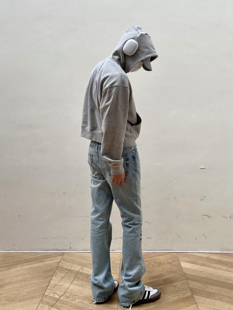 VLABMADE 3D Tailored Mid Rise Ice Blue Vintage Snow Wash Breathable Cotton Flared Jeans