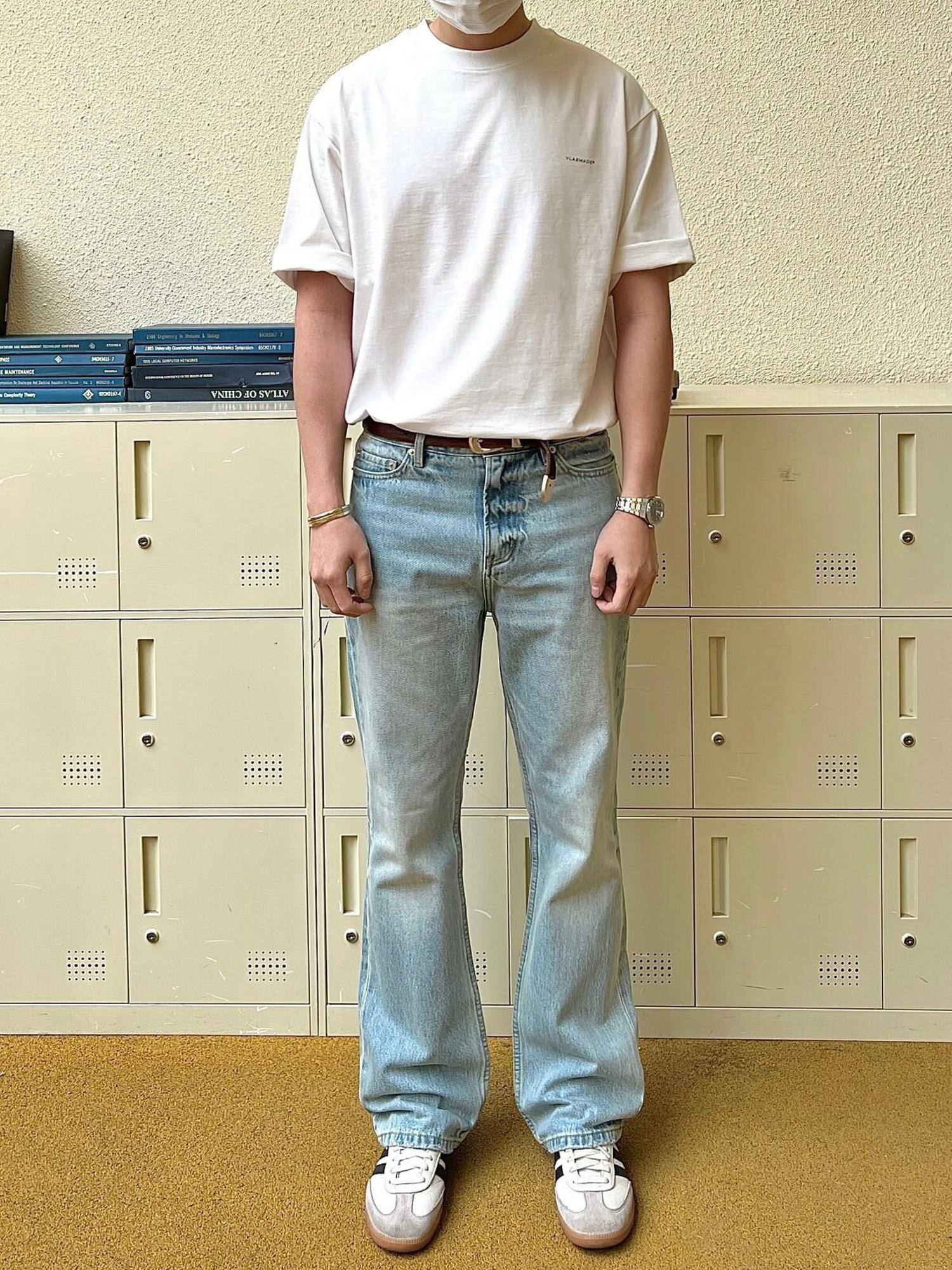 VLABMADE 3D Tailored Mid Rise Ice Blue Vintage Snow Wash Breathable Cotton Flared Jeans