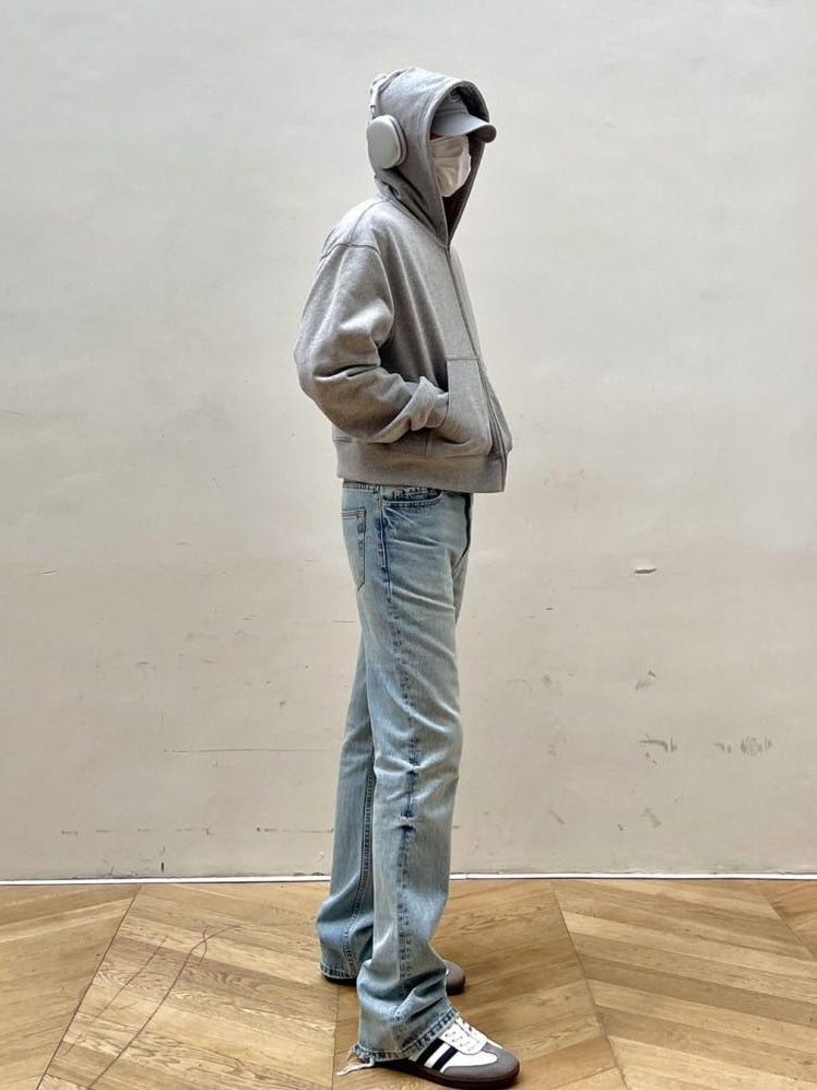 VLABMADE 3D Tailored Mid Rise Ice Blue Vintage Snow Wash Breathable Cotton Flared Jeans