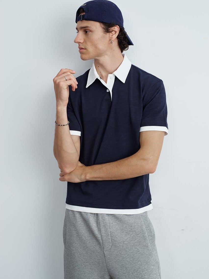 VLABMADE Bamboo Slub Non Iron Colorblock Loose Fit Men Stretch Short Sleeve Polo Shirts